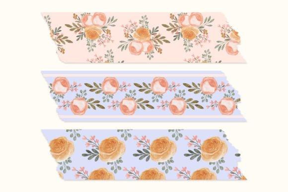Watercolor Washi Tape Rose Floral Digital Design Set